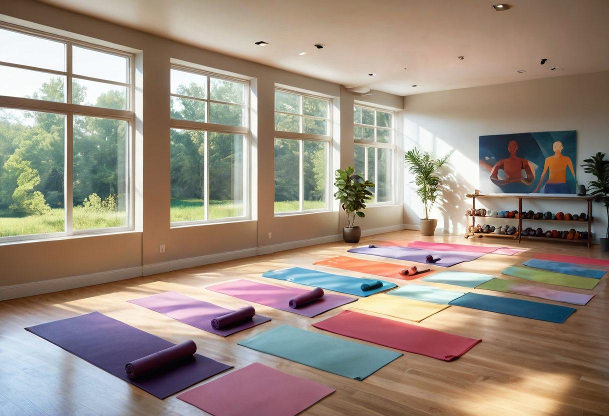 A serene gym space featuring a diverse group of individuals practicing yoga and strength training, with soft natural light illuminating the area. In the background, an infographic displaying holistic health strategies like nutrition, mindfulness, and fitness brightly contrasts against calming earthy tones. Symbolic elements such as a cancer awareness ribbon incorporated subtly within the design. super-realistic. vibrant colors. peaceful atmosphere.