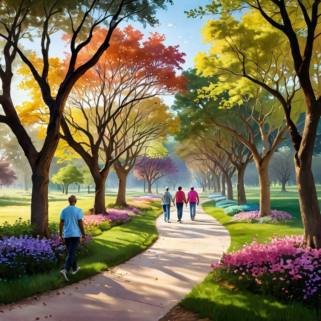 A serene landscape depicting a diverse group of people walking together on a winding path, symbolizing support and unity in cancer awareness. Include elements like colorful awareness ribbons floating in the air and trees that represent different stages of life. A soft, warm light filters through the branches, creating an inviting atmosphere. super-realistic. vibrant colors. uplifting.
