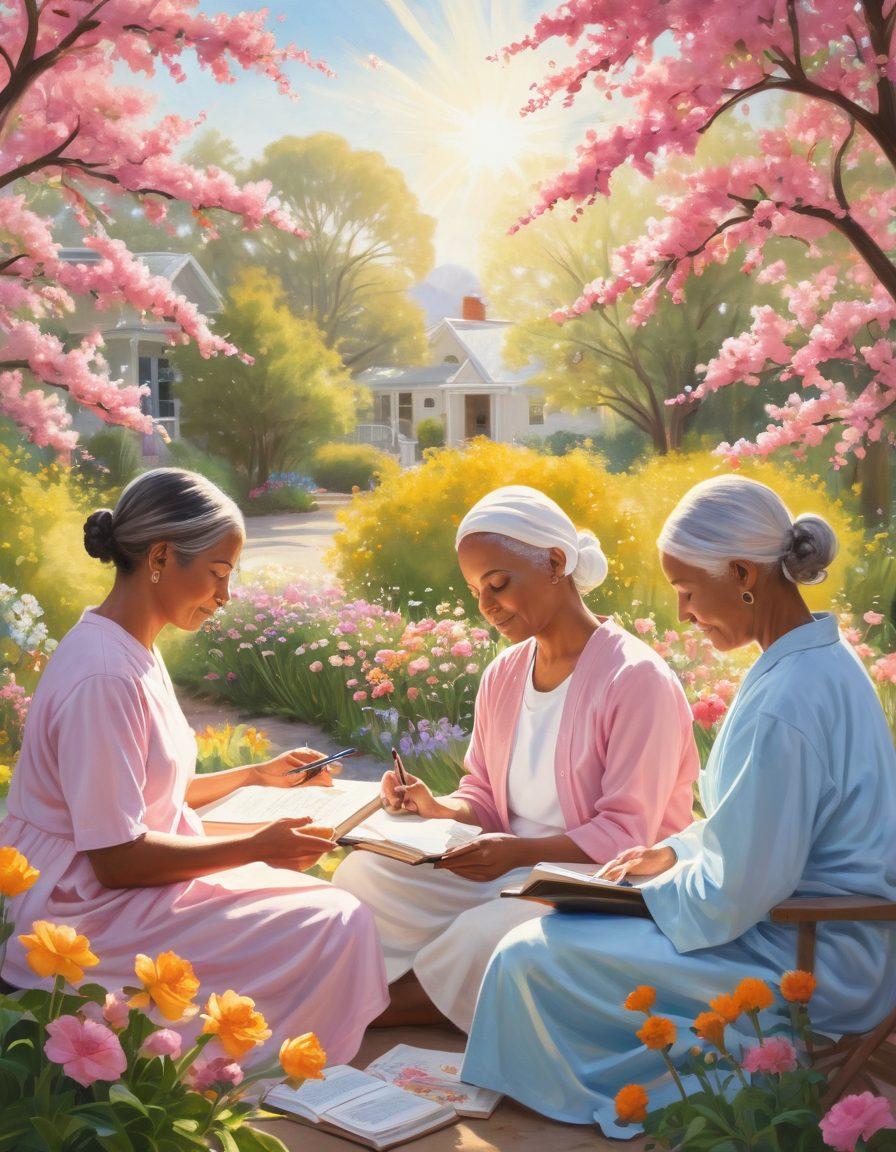 A serene scene depicting a diverse group of cancer patients and caretakers in a supportive environment, surrounded by symbols of hope such as blooming flowers and warm sunlight. Include resources like books and tablets showcasing essential information and support networks. The atmosphere should feel uplifting and compassionate, emphasizing unity and strength in recovery. Soft, pastel colors with a gentle focus. painting. vibrant colors.